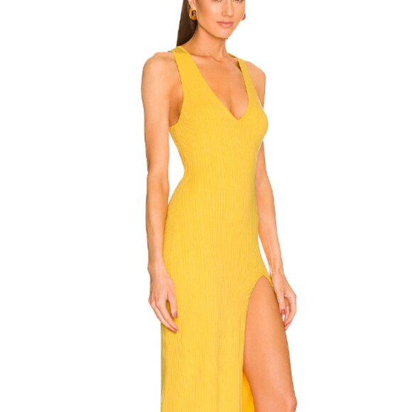 NWT Michael Costello x Revolve Variegated Rib Knit Yellow Plunge Slit Midi Dress
